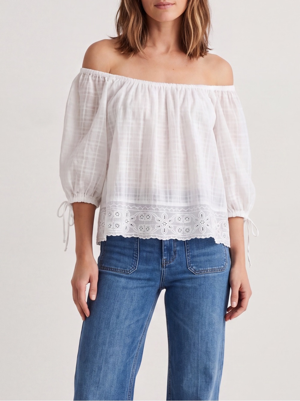 American Eagle Boho Off-The-Shoulder Puff Sleeve Lace Trim peasant Blouse boho